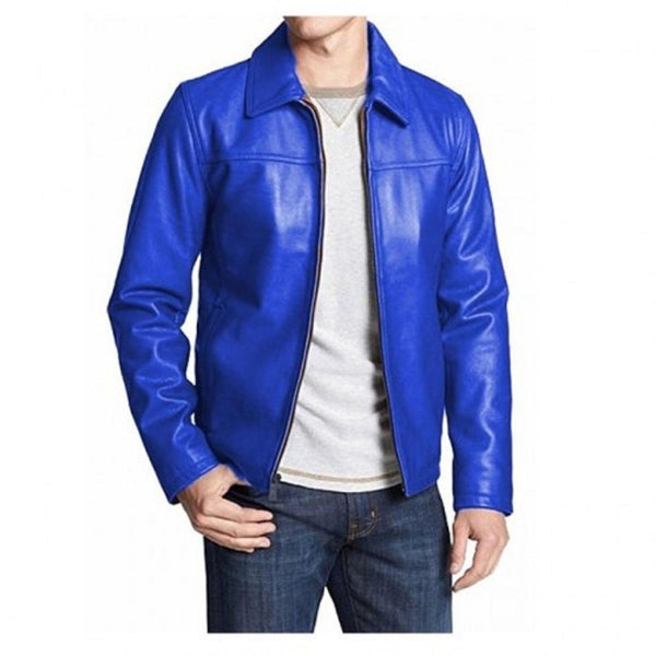Noora Men's Lambskin Royal Blue Leather Biker Jacket, Motorcycle Slim Fit Leather Jacket, Handmade Blue Leather Jacket - Noora International