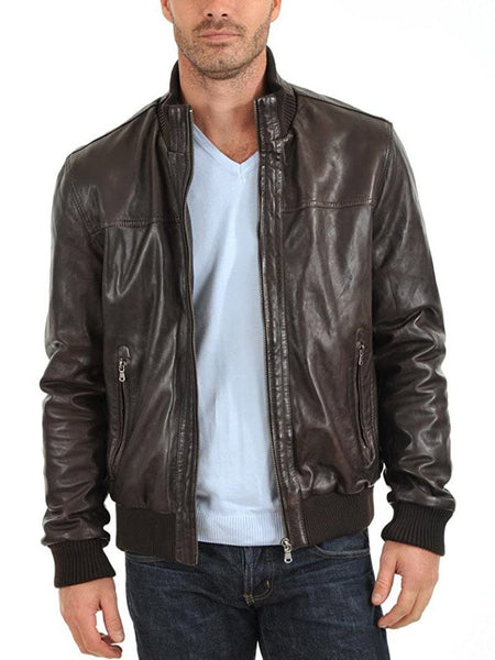 Noora Mens Lambskin Shiny Black Leather Jacket, Stylish Biker Leather Jacket, Bomber Jacket With Ribbed Cuff YK085 - Noora International