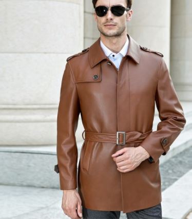Noora Mens Lambskin Shiny Black Leather Trench Coat, Belted Leather Trench Coat With Snap Closure YK0251 - Noora International