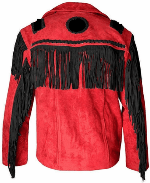 Noora Men's Lambskin Suede Leather Red & Black Combination Fringe Biker Racer Jacket With Button SU0321 - Noora International
