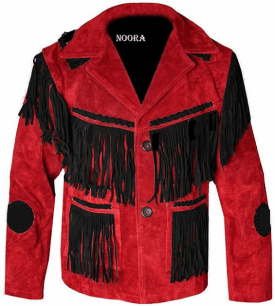 Noora Men's Lambskin Suede Leather Red & Black Combination Fringe Biker Racer Jacket With Button SU0321 - Noora International