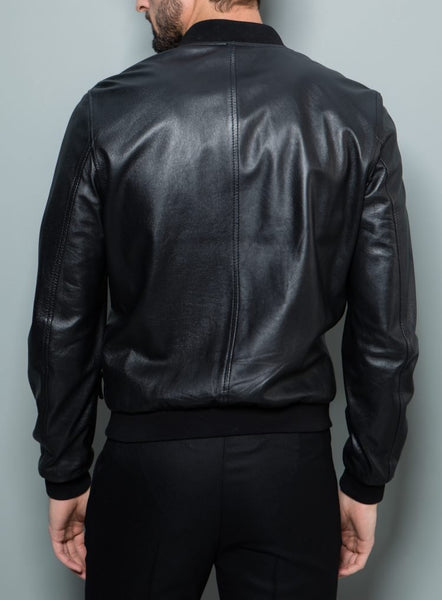 Noora Mens Leather Black Jacket, Bomber Biker Jacket With Ribbed Cuff, Casual Jacket With Golden Zipper Closure YK0255 - Noora International