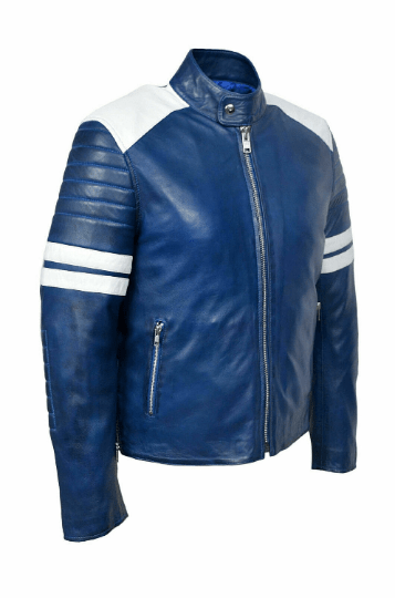 Noora Mens Leather Blue & White Combination Quilted Jacket |Blue Jacket With White Strips Quilted Leather Jacket - Noora International