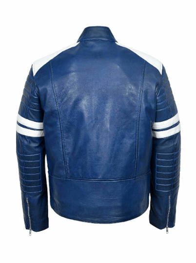 Noora Mens Leather Blue & White Combination Quilted Jacket |Blue Jacket With White Strips Quilted Leather Jacket - Noora International