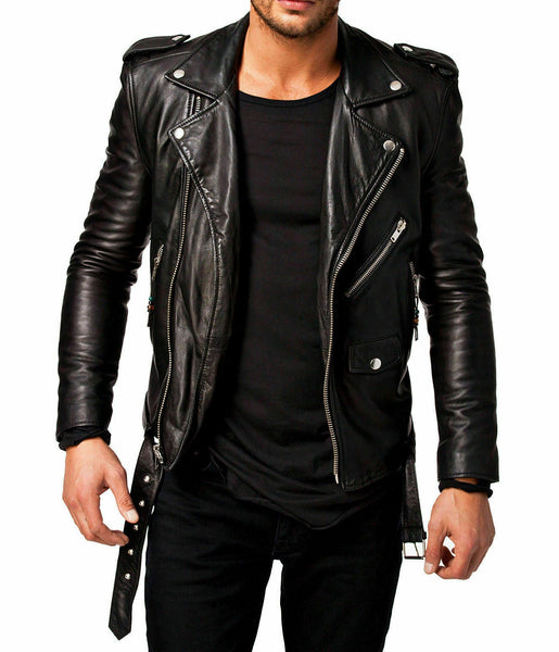 NOORA MEN'S LEATHER JACKET SLIM FIT REAL BIKER LAMBSKIN LEATHER MOTORCYCLE NI-15 - Noora International