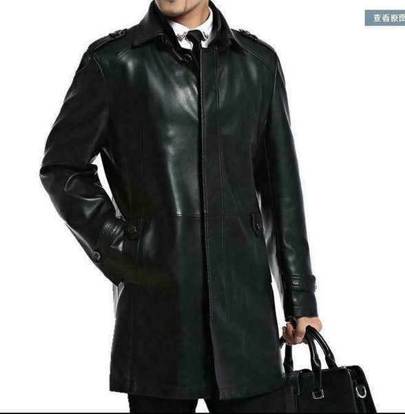 Noora Mens Leather Long Trench Coat Outwear Jacket Business Overcoat Slim Fit S6 - Noora International