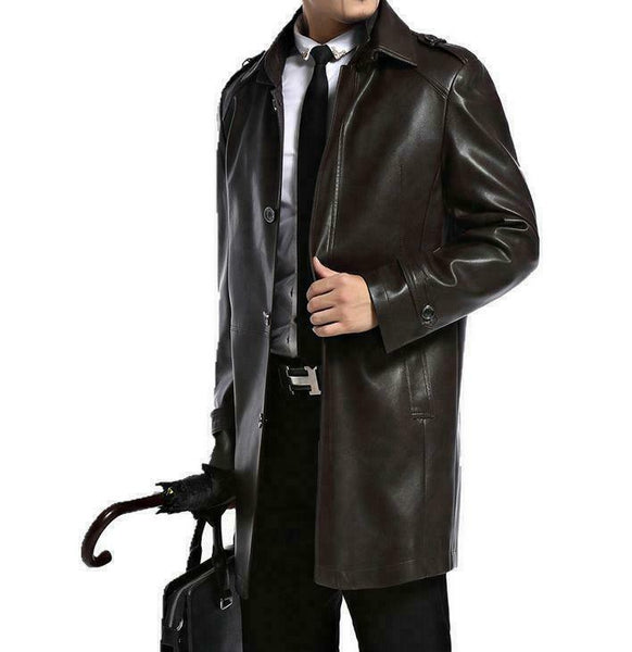 Noora Mens Leather Long Trench Coat Outwear Jacket Business Overcoat Slim Fit S6 - Noora International