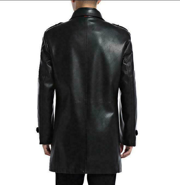 Noora Mens Leather Long Trench Coat Outwear Jacket Business Overcoat Slim Fit S6 - Noora International