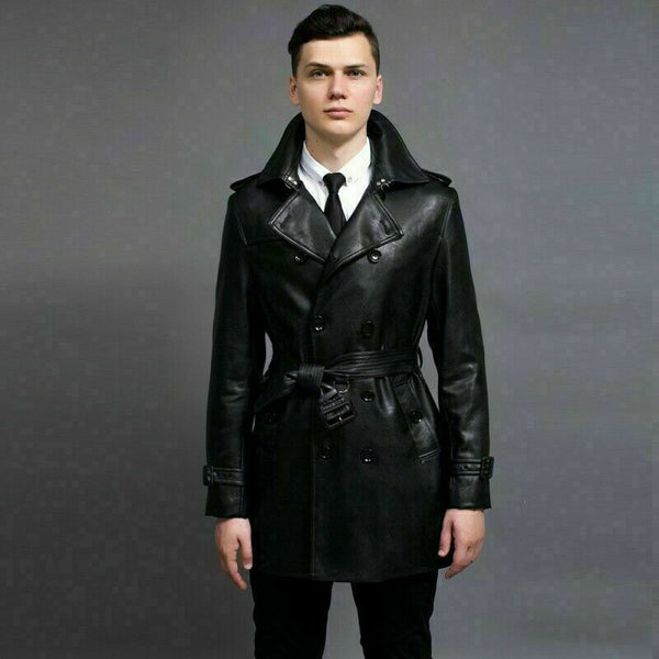 Noora Men's Leather Overcoat Jacket Trench Coat Belted Lapel Business Mid Long - Noora International