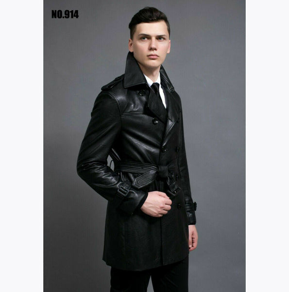 Noora Men's Leather Overcoat Jacket Trench Coat Belted Lapel Business Mid Long - Noora International