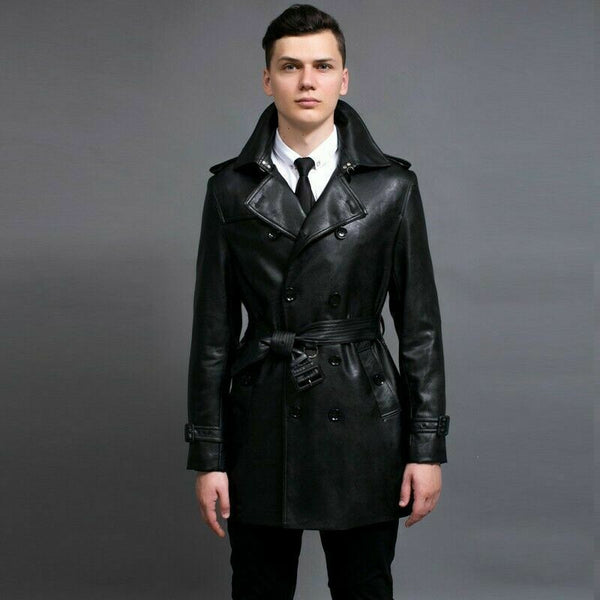 Noora Men's Leather Overcoat Jacket Trench Coat Belted Lapel Business Mid Long - Noora International