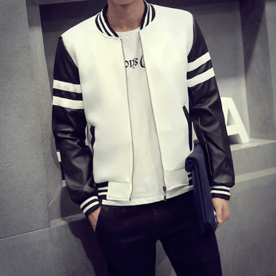 Noora Mens Leather Wolverine White Jacket with White Strips on Black Sleeves Jacket | Bomber Biker Leather Jacket| - Noora International