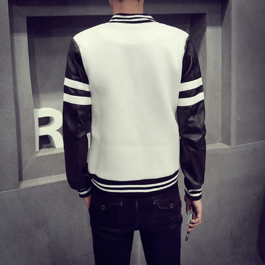 Noora Mens Leather Wolverine White Jacket with White Strips on Black Sleeves Jacket | Bomber Biker Leather Jacket| - Noora International