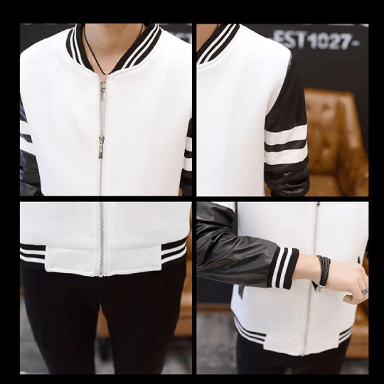 Noora Mens Leather Wolverine White Jacket with White Strips on Black Sleeves Jacket | Bomber Biker Leather Jacket| - Noora International