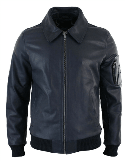 Noora Mens Navy Blue Bomber Leather Jacket With Branded YKK Zipper | Blue Biker Racer Rib & Hand Pocket Leather Jacket - RT467 - Noora International