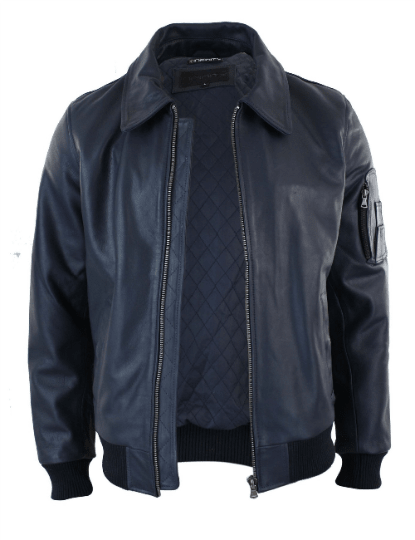 Noora Mens Navy Blue Bomber Leather Jacket With Branded YKK Zipper | Blue Biker Racer Rib & Hand Pocket Leather Jacket - RT467 - Noora International