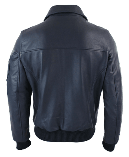 Noora Mens Navy Blue Bomber Leather Jacket With Branded YKK Zipper | Blue Biker Racer Rib & Hand Pocket Leather Jacket - RT467 - Noora International
