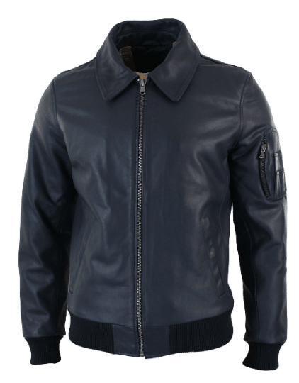 Noora Mens Navy Blue Bomber Leather Jacket With Branded YKK Zipper | Blue Biker Racer Rib & Hand Pocket Leather Jacket - RT467 - Noora International