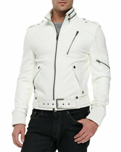 NOORA Mens New fashion Up Collar White Stylish Leather Slim Fit Jackets NI-57 - Noora International