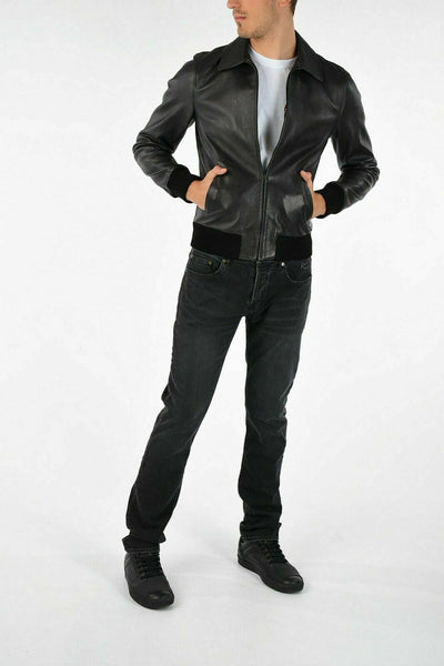 NOORA Mens New Man Black Lambskin Leather Bomber Jacket Size Real Biker style S5 - Noora International