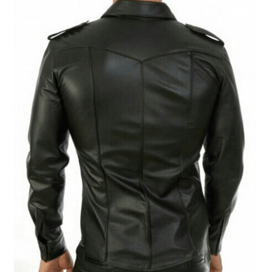 NOORA Mens Police Style Black Leather Shirt, Police Uniform Shirt, Gay Leather Shirt, Lamb Leather Shirt - Noora International