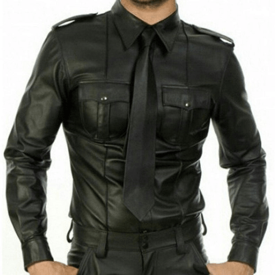 NOORA Mens Police Style Black Leather Shirt, Police Uniform Shirt, Gay Leather Shirt, Lamb Leather Shirt - Noora International