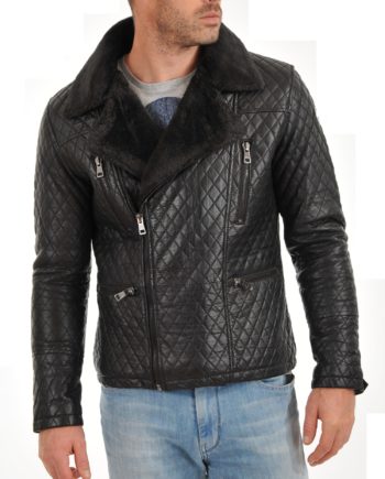 Noora Men’s Quilted Black Leather Jacket With Fur Notched Collar & Zipper & Pocket - Noora International