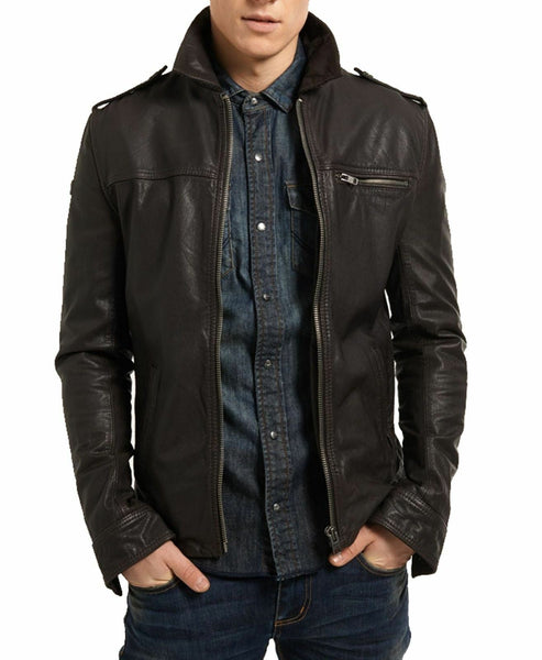 NOORA Mens Real Lambskin Black Leather Biker Jacket With Zipper & Pocket | Shoulder Strap | ST0126 - Noora International
