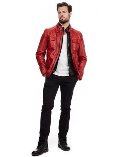 Noora Men's Real Red Lambskin Leather Jacket| Autumn Winter Stand Collar Motorcycle Jacket| Birthday Gift for him - Noora International
