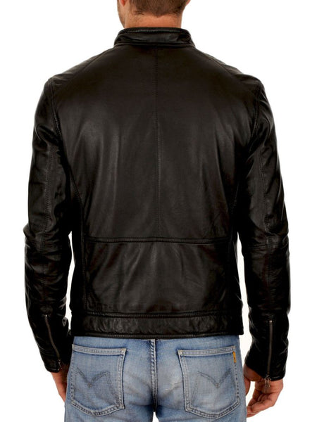Noora Men's Real Sheepskin Leather Jacket Black, Mens Black Biker Leather Jacket with Chinese Collar, Gift for him - Noora International