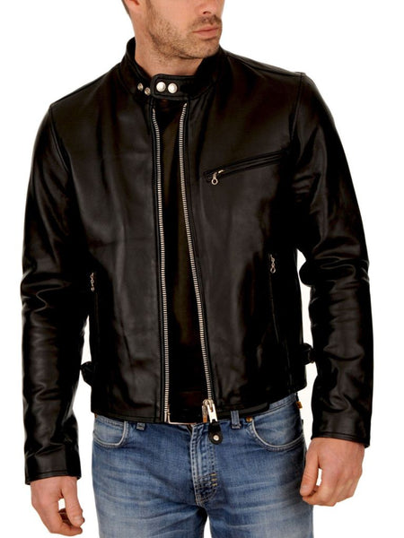 Noora Men's Real Sheepskin Leather Jacket Black, Mens Black Biker Leather Jacket with Chinese Collar, Gift for him - Noora International
