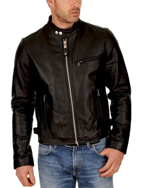 Noora Men's Real Sheepskin Leather Jacket Black, Mens Black Biker Leather Jacket with Chinese Collar, Personalised Gift for him - Noora International