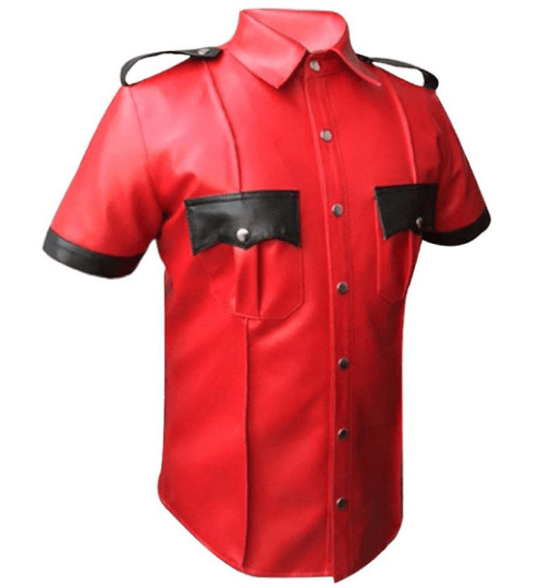 Noora Mens Red & Black Combination Police Style Leather Shirt With Snap Closure| Military Uniform Leather Shirt| RT896 - Noora International