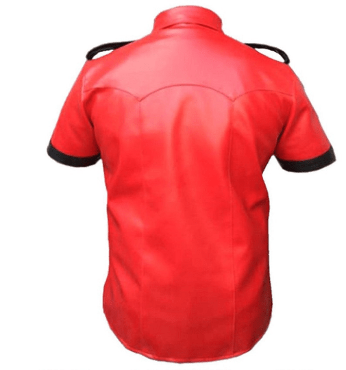 Noora Mens Red & Black Combination Police Style Leather Shirt With Snap Closure| Military Uniform Leather Shirt| RT896 - Noora International