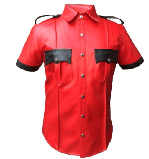 Noora Mens Red & Black Combination Police Style Leather Shirt With Snap Closure| Military Uniform Leather Shirt| RT896 - Noora International