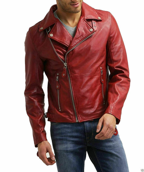 NOORA MEN'S RED LEATHER JACKET SLIM FIT BIKER LAMBSKIN LEATHER MOTORCYCLE NI-14 - Noora International