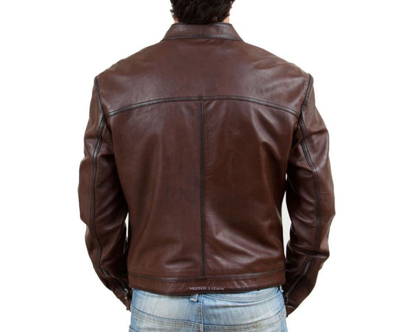 Noora men’s simple brown biker jacket ,handmade real leather jacket - Noora International