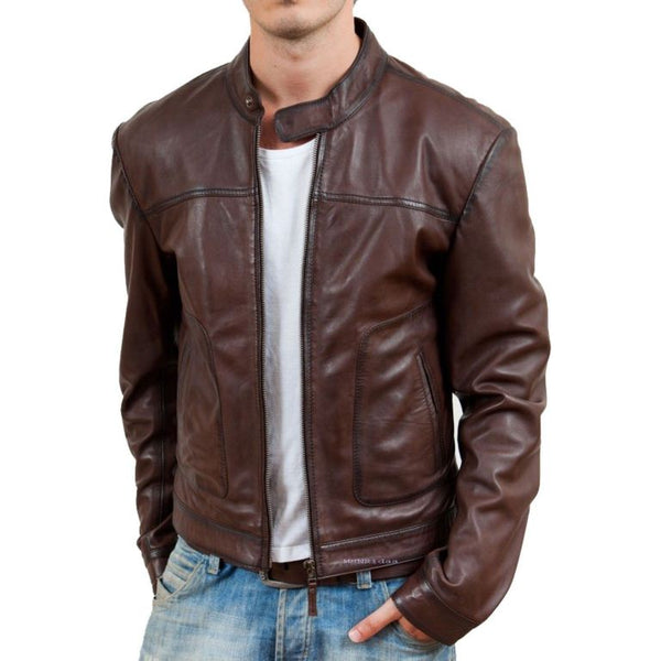 Noora men’s simple brown biker jacket ,handmade real leather jacket - Noora International