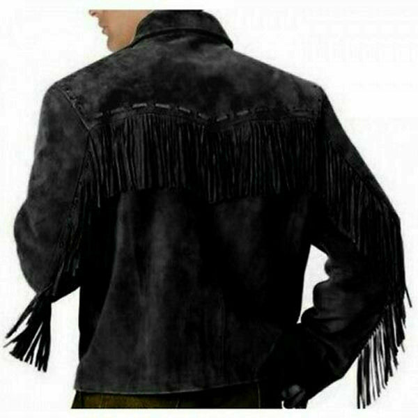 Noora Mens Style Western Jacket Fringe Native American Black Suede Leather SP7 - Noora International