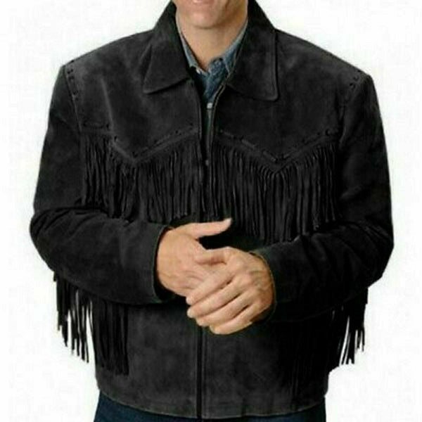Noora Mens Style Western Jacket Fringe Native American Black Suede Leather SP7 - Noora International