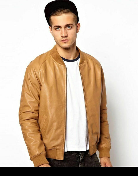 Noora Mens Tan Brown Bomber Biker Leather Jacket With Branded YKK Zipper | Western Style Cafe Racer Bomber Jacket - Noora International