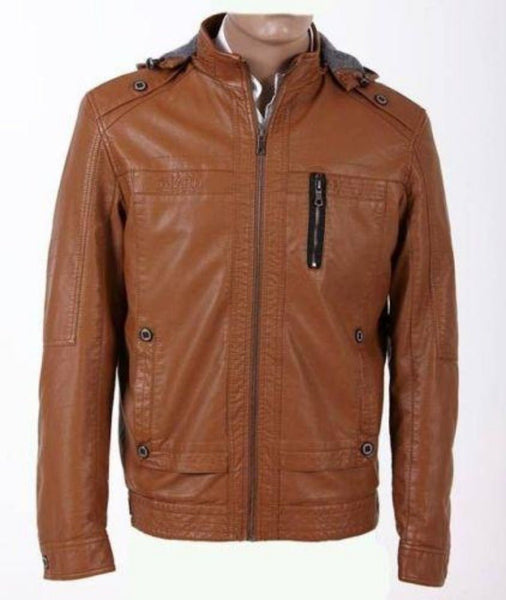 Noora Men's Tan Brown Leather Jacket With Shoulder Strap | Stylish Café Racer Leather Jacket with HOODED SU08 - Noora International