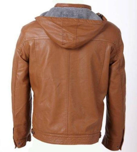 Noora Men's Tan Brown Leather Jacket With Shoulder Strap | Stylish Café Racer Leather Jacket with HOODED SU08 - Noora International