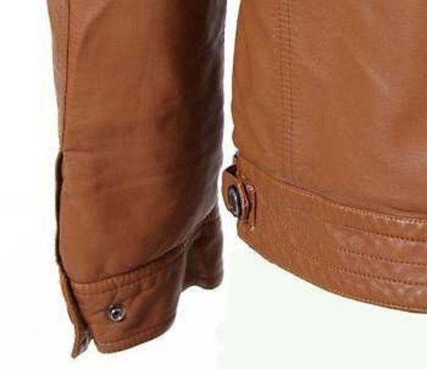 Noora Men's Tan Brown Leather Jacket With Shoulder Strap | Stylish Café Racer Leather Jacket with HOODED SU08 - Noora International
