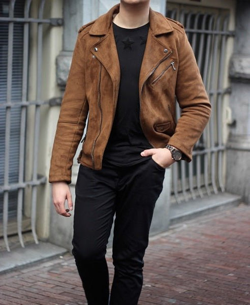 NOORA Mens Tan Brown Suede Leather Jacket With Zipper | Designer Biker Stylish Outwear Jacket YK0244 - Noora International