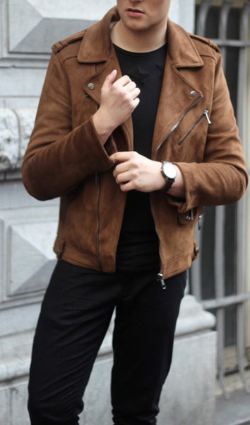 NOORA Mens Tan Brown Suede Leather Jacket With Zipper | Designer Biker Stylish Outwear Jacket YK0244 - Noora International