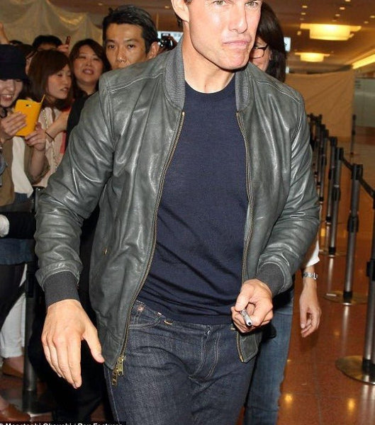 Noora Mens Tom Cruise Gray Bomber Jacket Designer Lambskin Leather SU012 - Noora International