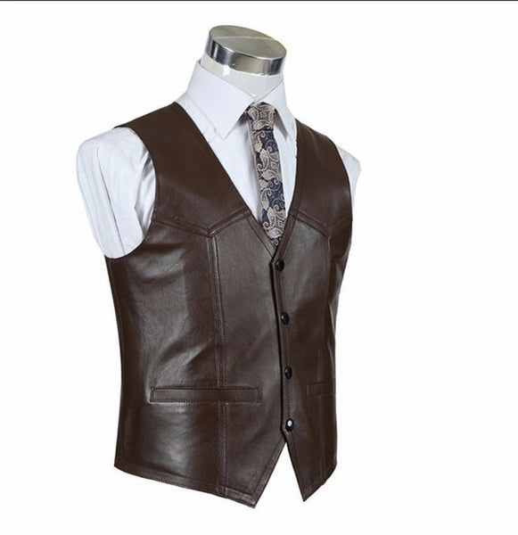NOORA Men's Vest, Handmade Leather, Brown Genuine Leather Blazer, Men's Genuine Lambskin Leather Formal Vest, , New Custom Made Dress SB19 - Noora International