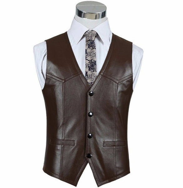 NOORA Men's Vest, Handmade Leather, Brown Genuine Leather Blazer, Men's Genuine Lambskin Leather Formal Vest, , New Custom Made Dress SB19 - Noora International