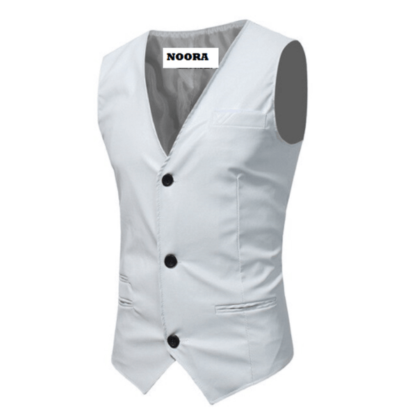 Noora Mens White Lambskin Leather Formal Waist Coat With Black Button & Pocket | Designer Meeting Wear White Waist Coat SU0102 - Noora International